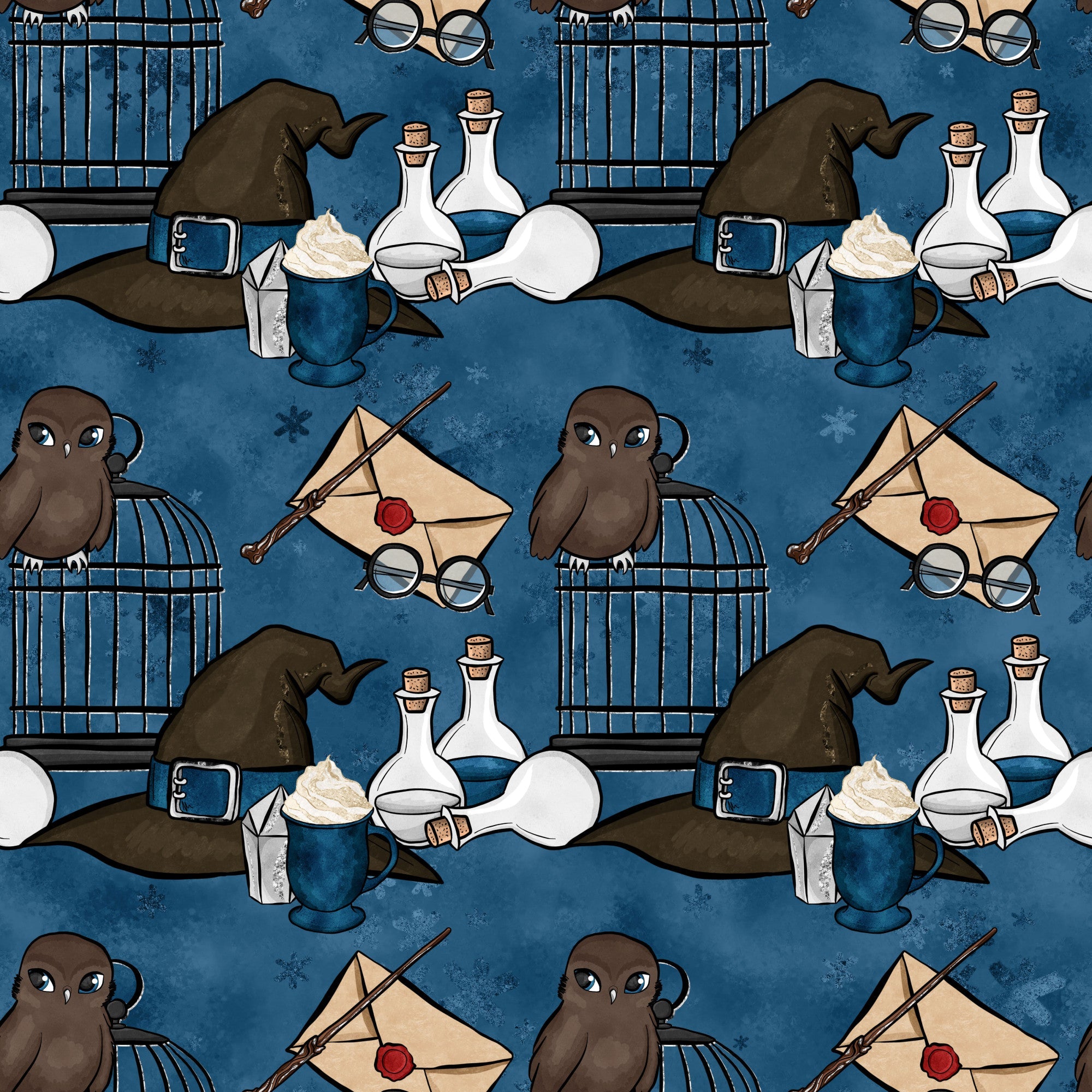 wizard themed, magic school, dark blue background, brown owls, witch hats, potion bottles, eyeglasses, wand, sealed letter, red wax seal, bird cage,, fabric panel, whimsical pattern, fantasy elements, magical accessories, repeating motif, navy blue, cream colored, enchanted design