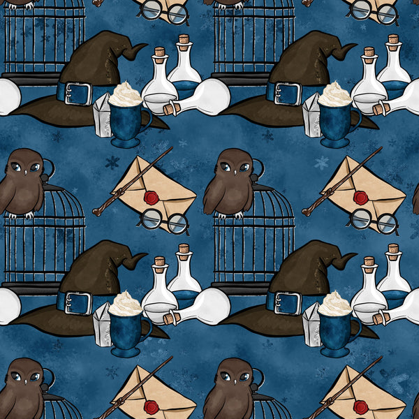 wizard themed, magic school, dark blue background, brown owls, witch hats, potion bottles, eyeglasses, wand, sealed letter, red wax seal, bird cage,, fabric panel, whimsical pattern, fantasy elements, magical accessories, repeating motif, navy blue, cream colored, enchanted design