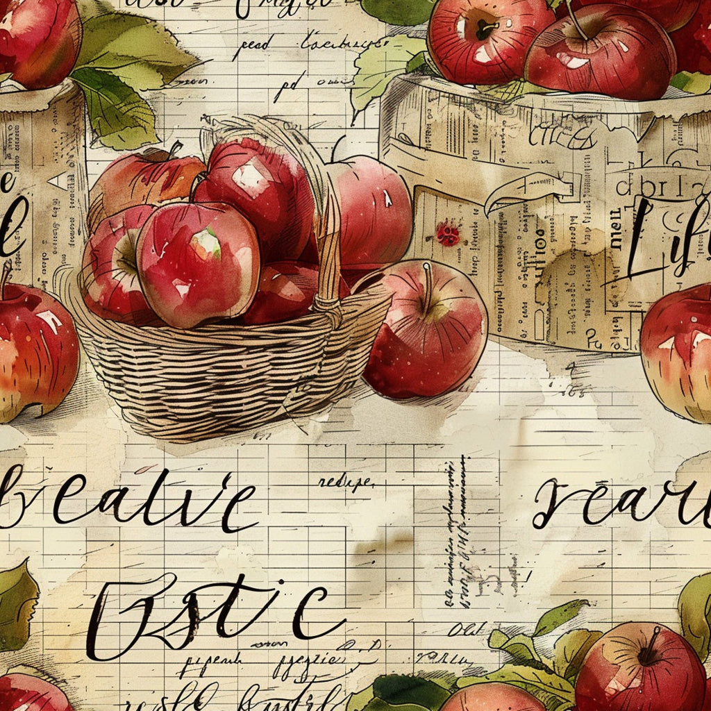 red apples, green leaves, wicker basket, vintage newspaper, handwritten script, cream background, botanical illustration, farm fresh, harvest theme,, fabric panel, watercolor style, rustic charm, autumn colors, country kitchen, apple orchard, nostalgic artwork, aged paper, calligraphy text, seasonal produce