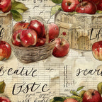 red apples, green leaves, wicker basket, vintage newspaper, handwritten script, cream background, botanical illustration, farm fresh, harvest theme,, fabric panel, watercolor style, rustic charm, autumn colors, country kitchen, apple orchard, nostalgic artwork, aged paper, calligraphy text, seasonal produce