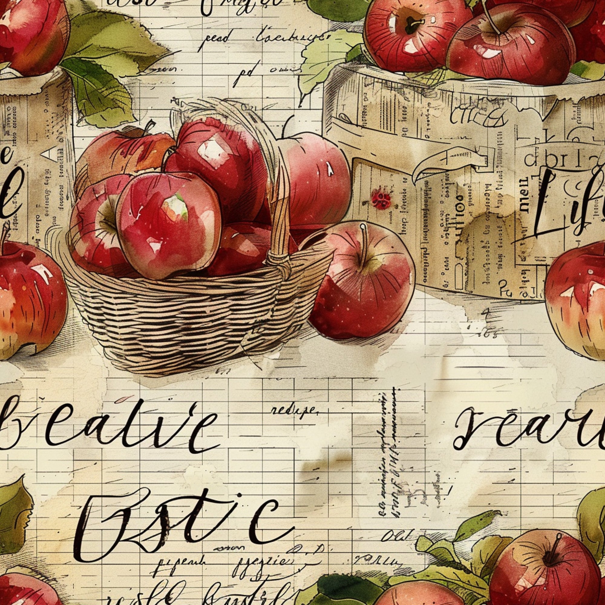 red apples, green leaves, wicker basket, vintage newspaper, handwritten script, cream background, botanical illustration, farm fresh, harvest theme,, fabric panel, watercolor style, rustic charm, autumn colors, country kitchen, apple orchard, nostalgic artwork, aged paper, calligraphy text, seasonal produce