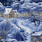 winter scene, snow covered, blue tones, white snow, golden light, cozy cottage, illuminated windows, bare trees, winding path, peaceful landscape,, fabric panel, serene mood, twilight atmosphere, rural setting, snowy village, warm glow, winter wonderland, scenic design, nature motif