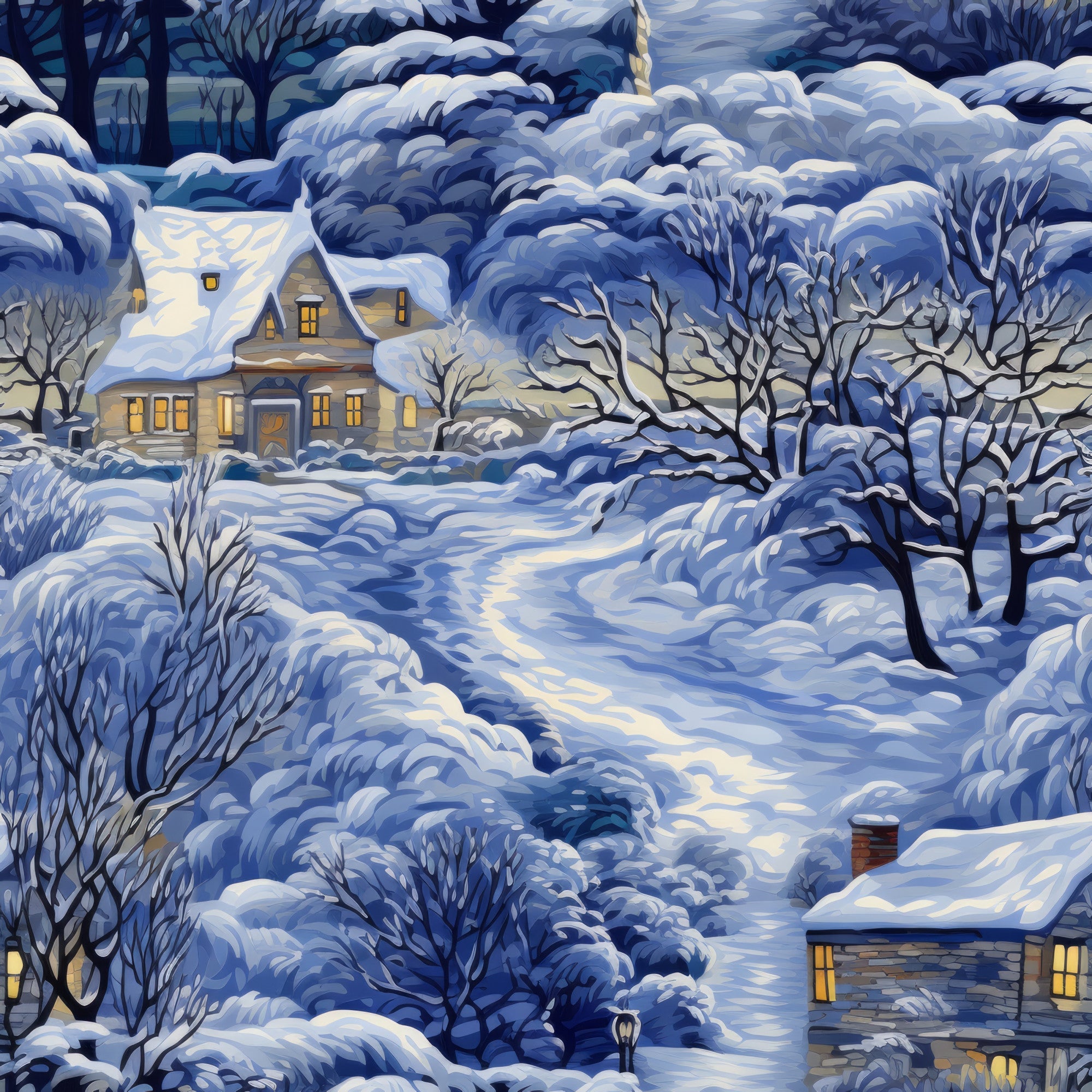 winter scene, snow covered, blue tones, white snow, golden light, cozy cottage, illuminated windows, bare trees, winding path, peaceful landscape,, fabric panel, serene mood, twilight atmosphere, rural setting, snowy village, warm glow, winter wonderland, scenic design, nature motif
