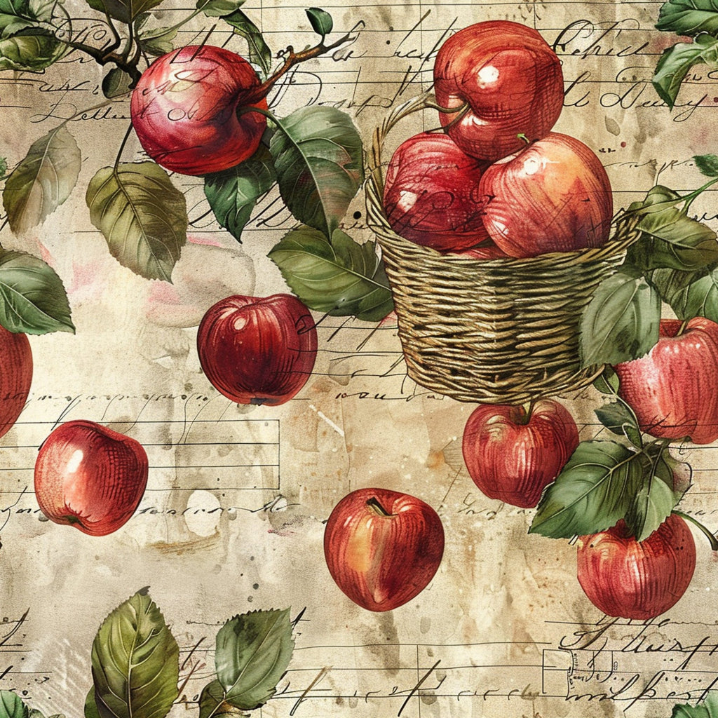 red apples, green leaves, wicker basket, vintage style, botanical illustration, fruit harvest, cream background, handwritten script, crosshatch shading, rustic charm,, fabric panel, autumn theme, farm fresh, orchard scene, weathered texture, natural elements, country living, harvest motif