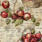 red apples, green leaves, wicker basket, vintage script, cursive writing, aged paper, botanical illustration, fruit harvest, cream background, rustic charm,, fabric panel, farm fresh, orchard theme, watercolor style, autumn colors, natural elements, country living, handwritten text, antique ledger