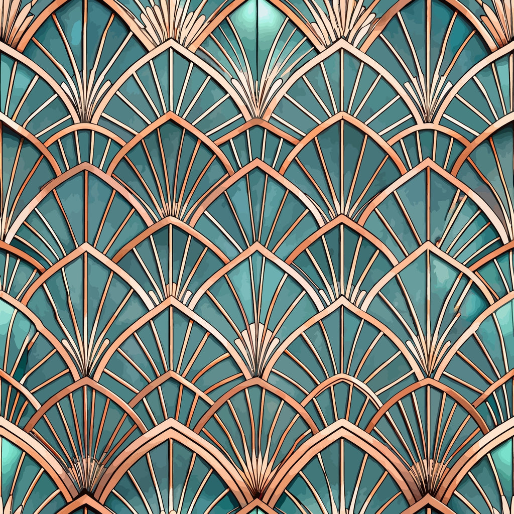 art deco, fan pattern, geometric design, teal green, copper bronze, metallic accents, radiating lines, scalloped motifs, vintage style, repeating pattern,, fabric panel, sunburst design, overlapping fans, turquoise background, rose gold trim, architectural motifs, 1920s inspired, decorative elements, peacock feathers