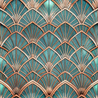 art deco, fan pattern, geometric design, teal green, copper bronze, metallic accents, radiating lines, scalloped motifs, vintage style, repeating pattern,, fabric panel, sunburst design, overlapping fans, turquoise background, rose gold trim, architectural motifs, 1920s inspired, decorative elements, peacock feathers