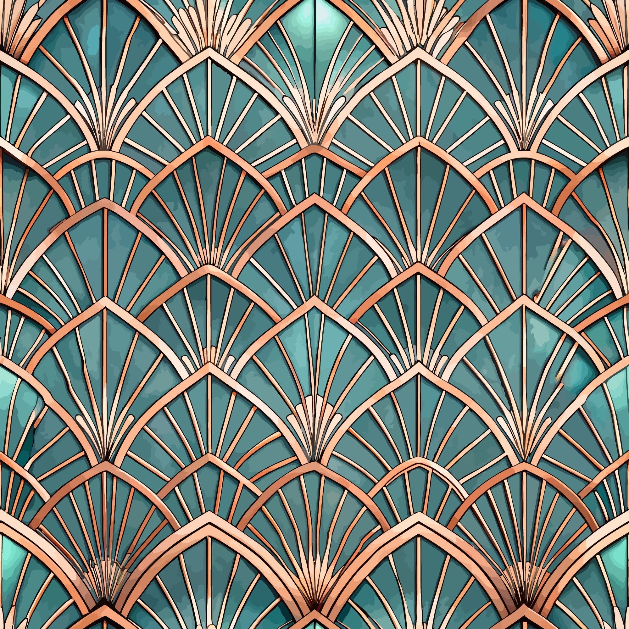 art deco, fan pattern, geometric design, teal green, copper bronze, metallic accents, radiating lines, scalloped motifs, vintage style, repeating pattern,, fabric panel, sunburst design, overlapping fans, turquoise background, rose gold trim, architectural motifs, 1920s inspired, decorative elements, peacock feathers