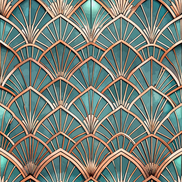 art deco, fan pattern, geometric design, teal green, copper bronze, metallic accents, radiating lines, scalloped motifs, vintage style, repeating pattern,, fabric panel, sunburst design, overlapping fans, turquoise background, rose gold trim, architectural motifs, 1920s inspired, decorative elements, peacock feathers