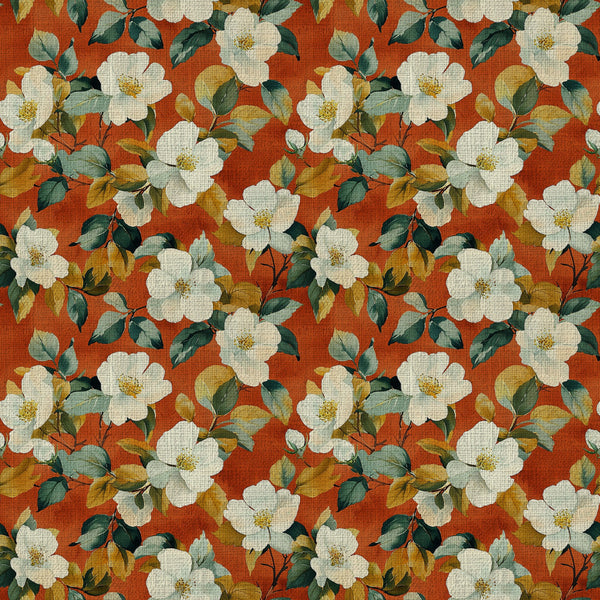 rust red, cream white, sage green, teal green, golden yellow, burnt orange, floral, botanical, vintage, cottage core, farmhouse, traditional, elegant, romantic, white flowers, green leaves, nature, garden, spring, summer, delicate blooms, classic floral, timeless design, home decor, sewing projects, traditional floral, botanical print, heirloom style