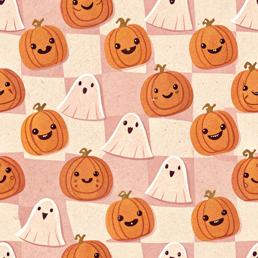 orange, cream, pink, checkered pattern, cute pumpkins, friendly ghosts, kawaii style, halloween theme, smiling faces, autumn colors,, fabric panel, whimsical characters, cheerful mood, seasonal design, cartoon style, soft pastels, repetitive pattern, jack-o-lanterns, spooky cute