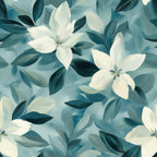 cornflower blue, cream white, teal green, sage green, floral pattern, lily flowers, botanical design, leaves, petals, soft brushstrokes, painterly style, elegant blooms,, fabric panel, serene mood, nature motif, delicate flowers, flowing design, artistic florals