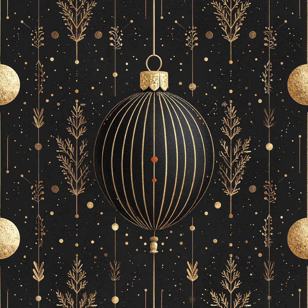 black and gold, gold foil, metallic gold, dark background, ornaments, holiday, christmas, celestial, stars, botanical, ferns, plants, elegant, luxury, sophisticated, modern, geometric, hanging spheres, festive, winter, sparkly, glamorous, night sky, decorative baubles, formal, art deco, nature inspired, premium