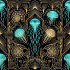 gold art deco, black background, turquoise jellyfish, neon glow, bioluminescent, ocean creatures, marine life, geometric patterns, shells, nautical, celestial, elegant, sophisticated, modern, whimsical, metallic gold, glowing accents, deep sea, aquatic theme, art nouveau, symmetrical design, luxury aesthetic, dark academia, jewel tones, aquamarine, glowing jellyfish, ocean animals, fantasy, magical, contemporary art