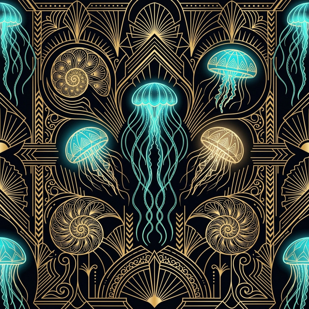 gold art deco, black background, turquoise jellyfish, neon glow, bioluminescent, ocean creatures, marine life, geometric patterns, shells, nautical, celestial, elegant, sophisticated, modern, whimsical, metallic gold, glowing accents, deep sea, aquatic theme, art nouveau, symmetrical design, luxury aesthetic, dark academia, jewel tones, aquamarine, glowing jellyfish, ocean animals, fantasy, magical, contemporary art