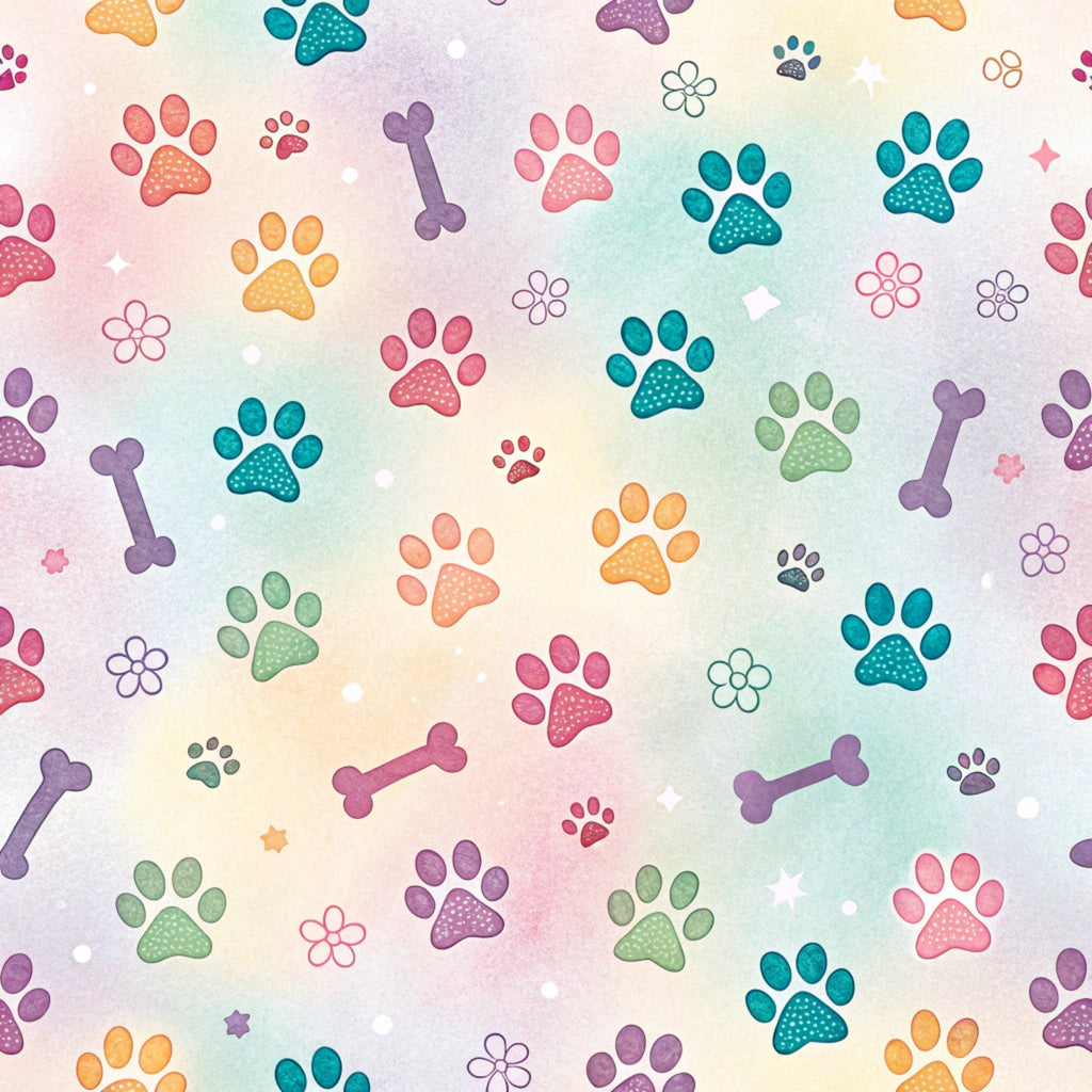 paw prints, dog bones, pastel colors, teal, coral pink, purple, orange, sage green, floral motifs, watercolor style, pet themed, animal pattern,, fabric panel, whimsical design, soft gradient background, scattered pattern, playful mood, craft fabric, sewing material