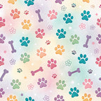 paw prints, dog bones, pastel colors, teal, coral pink, purple, orange, sage green, floral motifs, watercolor style, pet themed, animal pattern,, fabric panel, whimsical design, soft gradient background, scattered pattern, playful mood, craft fabric, sewing material