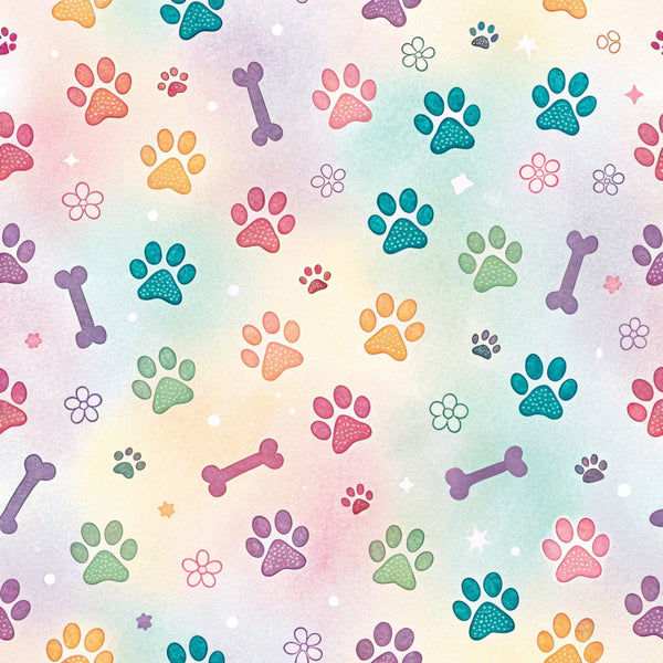 paw prints, dog bones, pastel colors, teal, coral pink, purple, orange, sage green, floral motifs, watercolor style, pet themed, animal pattern,, fabric panel, whimsical design, soft gradient background, scattered pattern, playful mood, craft fabric, sewing material