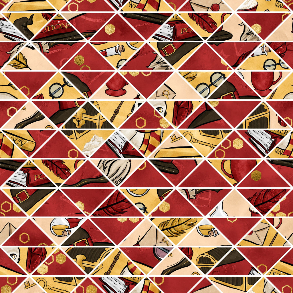 burgundy, gold, cream, geometric diamonds, wizard accessories, magic wands, feathers, glasses, books, potion bottles, mystical objects,, fabric panel, magical theme, school supplies, geometric pattern, warm tones, whimsical illustrations, crafting material, diamond grid