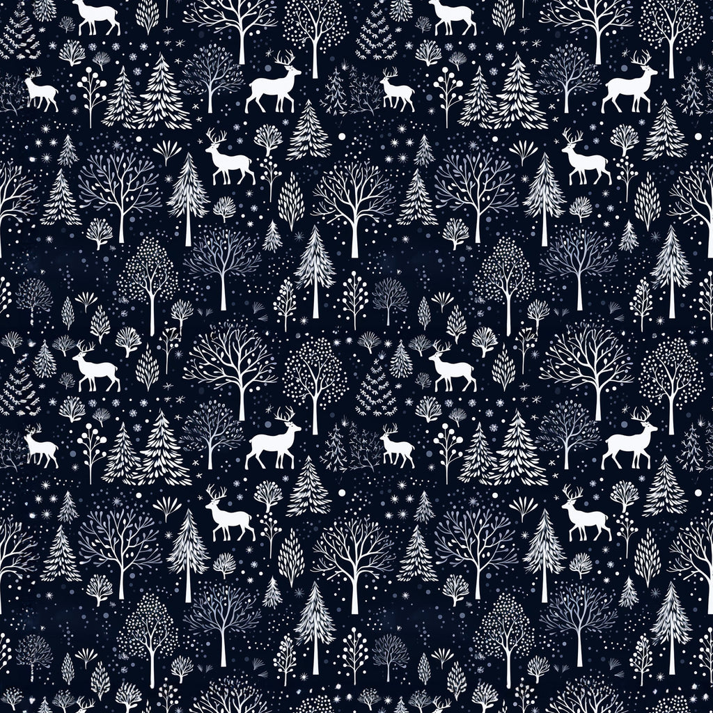 delft blue, navy blue, white, winter pattern, deer silhouettes, bare trees, evergreen trees, snowflakes, forest scene, woodland animals,, fabric panel, winter wonderland, nature motifs, scandinavian style, folk art, repeating pattern, snow covered trees, reindeer, botanical elements
