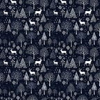 delft blue, navy blue, white, winter pattern, deer silhouettes, bare trees, evergreen trees, snowflakes, forest scene, woodland animals,, fabric panel, winter wonderland, nature motifs, scandinavian style, folk art, repeating pattern, snow covered trees, reindeer, botanical elements