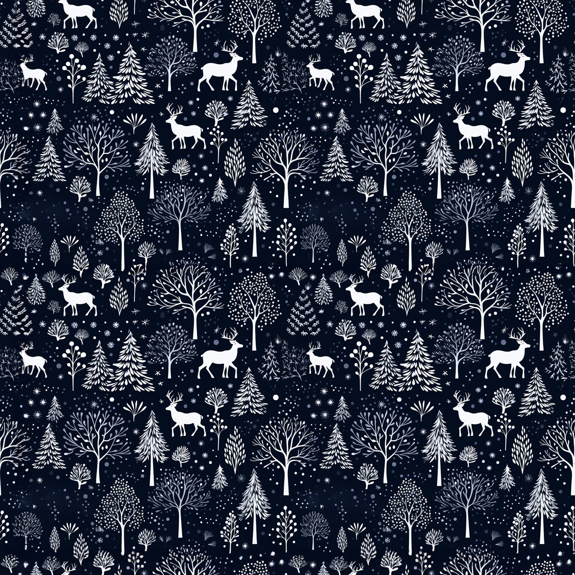 delft blue, navy blue, white, winter pattern, deer silhouettes, bare trees, evergreen trees, snowflakes, forest scene, woodland animals,, fabric panel, winter wonderland, nature motifs, scandinavian style, folk art, repeating pattern, snow covered trees, reindeer, botanical elements