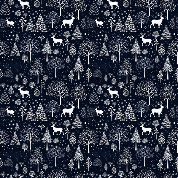 delft blue, navy blue, white, winter pattern, deer silhouettes, bare trees, evergreen trees, snowflakes, forest scene, woodland animals,, fabric panel, winter wonderland, nature motifs, scandinavian style, folk art, repeating pattern, snow covered trees, reindeer, botanical elements