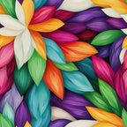 vibrant petals, floral abstract, rainbow colors, teal petals, purple petals, orange petals, pink petals, green petals, white petals, flowing design, overlapping petals, botanical motif, prismatic colors, modern floral,, fabric panel, artistic pattern, layered petals, colorful blooms, contemporary style