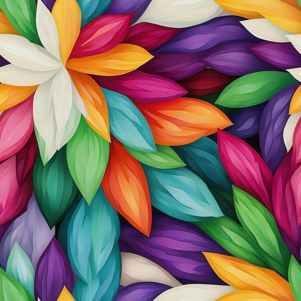 vibrant petals, floral abstract, rainbow colors, teal petals, purple petals, orange petals, pink petals, green petals, white petals, flowing design, overlapping petals, botanical motif, prismatic colors, modern floral,, fabric panel, artistic pattern, layered petals, colorful blooms, contemporary style