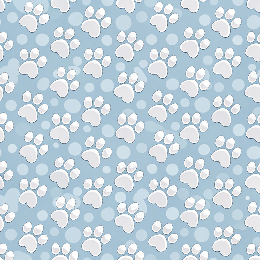 light blue, powder blue, white, paw prints, dog paws, animal tracks, pet theme, scattered pattern, repeating motif, playful design,, fabric panel, cute animals, polka dots, circles, whimsical style, crafting material, sewing fabric, pet lover, canine theme