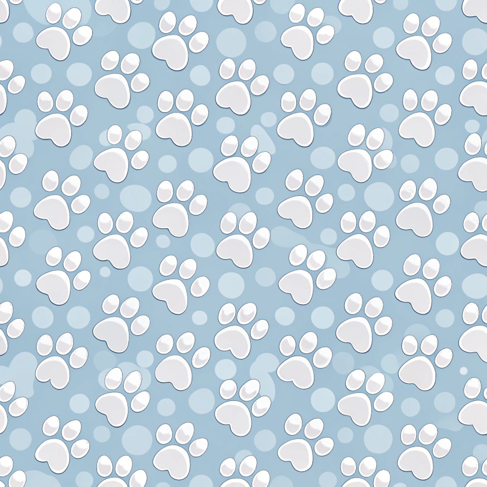 light blue, powder blue, white, paw prints, dog paws, animal tracks, pet theme, scattered pattern, repeating motif, playful design,, fabric panel, cute animals, polka dots, circles, whimsical style, crafting material, sewing fabric, pet lover, canine theme