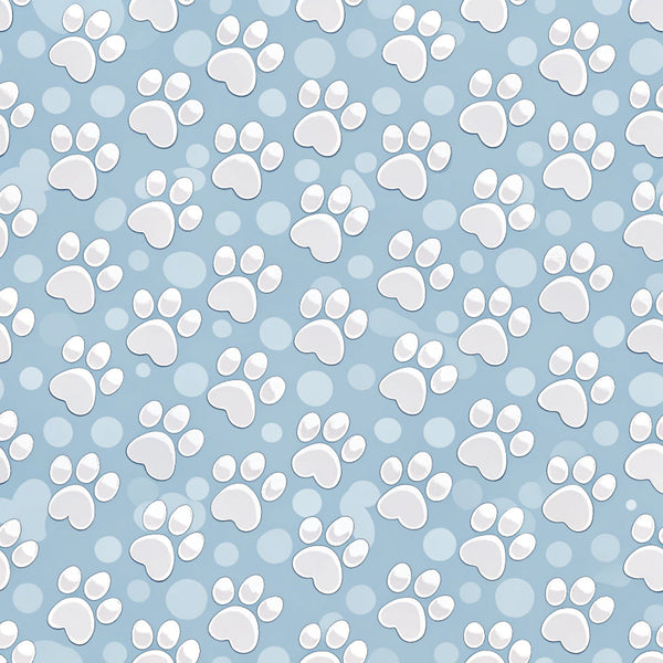 light blue, powder blue, white, paw prints, dog paws, animal tracks, pet theme, scattered pattern, repeating motif, playful design,, fabric panel, cute animals, polka dots, circles, whimsical style, crafting material, sewing fabric, pet lover, canine theme