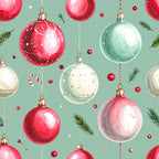 christmas, holiday, festive, ornaments, baubles, red, coral pink, sage green, mint green, cream, gold, sparkly, shiny, metallic, candy cane, pine branches, evergreen, winter, whimsical, elegant, decorative, traditional, seasonal, gift giving, home decor, tree decorations, classic christmas, vintage holiday, pearl accents, glitter effect