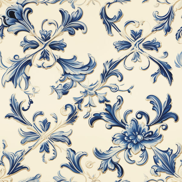 navy blue, cream, beige, ivory, baroque, damask, ornamental, floral, scrollwork, acanthus leaves, flourishes, elegant, traditional, vintage, classic, formal, sophisticated, botanical, decorative, curling vines, symmetrical, timeless, romance, ornate, french country, victorian, damask pattern, blue and cream, scrolling leaves, detailed
