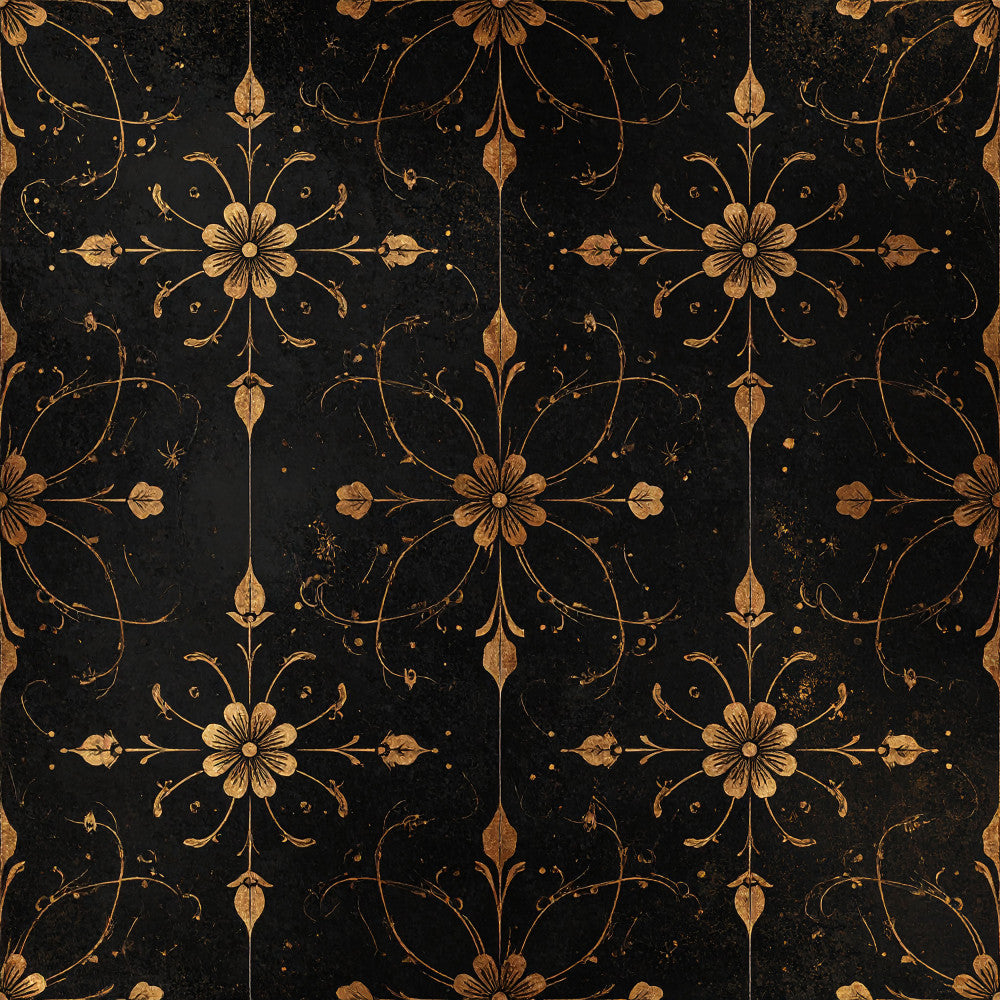 gold and black, black background, gold floral, ornate flowers, botanical pattern, damask style, vintage design, elegant style, traditional pattern, sophisticated, ornamental, luxury aesthetic, antique look, decorative florals, symmetrical pattern, classical design, baroque inspired, formal style, timeless pattern, metallic gold accents, distressed finish, aged appearance, celestial elements, nature inspired, botanical motifs, home decor, upholstery style, decorative arts