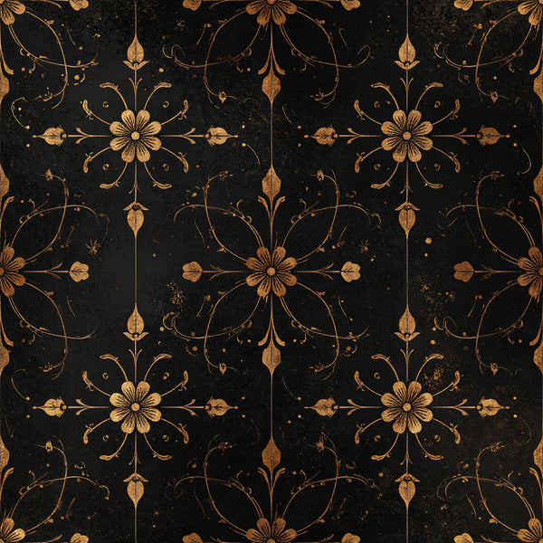 gold and black, black background, gold floral, ornate flowers, botanical pattern, damask style, vintage design, elegant style, traditional pattern, sophisticated, ornamental, luxury aesthetic, antique look, decorative florals, symmetrical pattern, classical design, baroque inspired, formal style, timeless pattern, metallic gold accents, distressed finish, aged appearance, celestial elements, nature inspired, botanical motifs, home decor, upholstery style, decorative arts