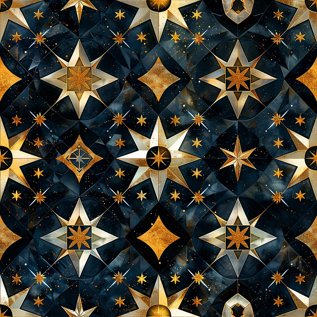 navy blue, golden yellow, celestial stars, compass roses, geometric patterns, baroque style, metallic accents, night sky, ornate design,, fabric panel, starbursts, diamonds, decorative motifs, cosmic theme, luxurious, intricate details, repeating pattern, astronomy inspired
