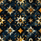 navy blue, golden yellow, celestial stars, compass roses, geometric patterns, baroque style, metallic accents, night sky, ornate design,, fabric panel, starbursts, diamonds, decorative motifs, cosmic theme, luxurious, intricate details, repeating pattern, astronomy inspired