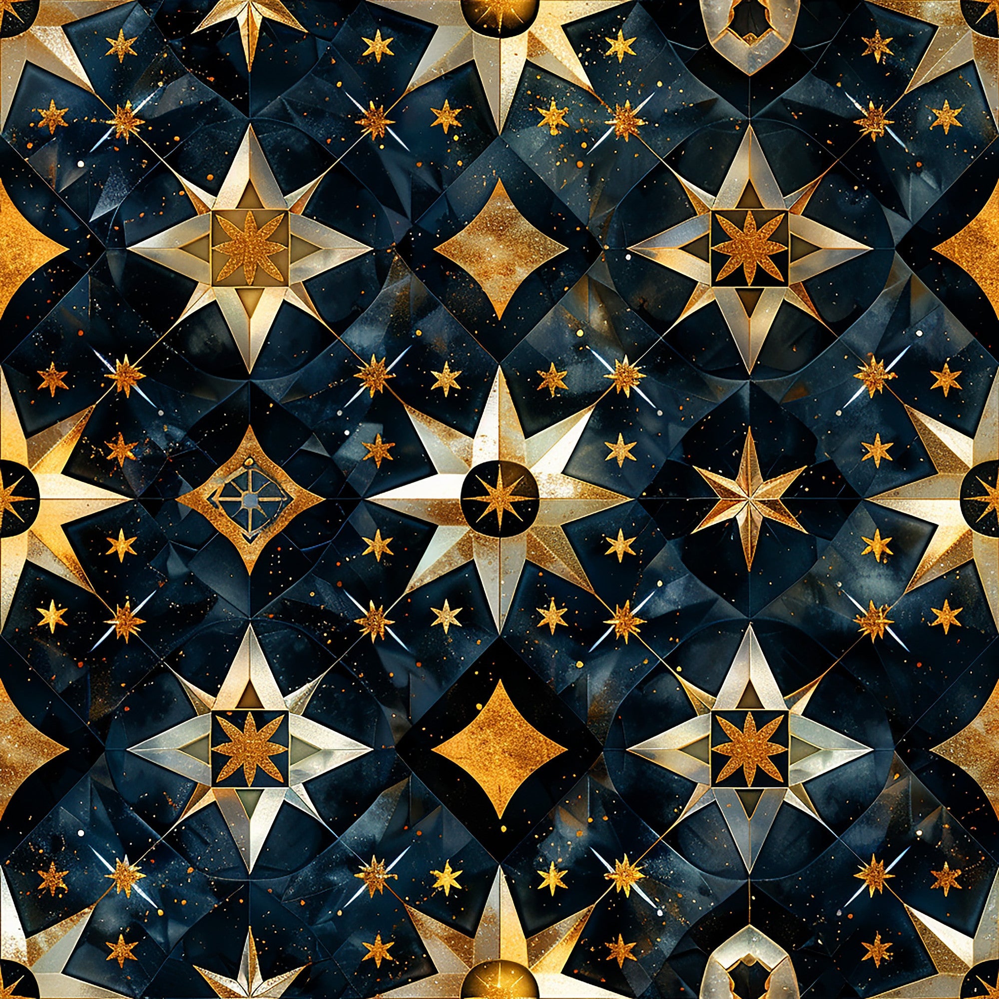 navy blue, golden yellow, celestial stars, compass roses, geometric patterns, baroque style, metallic accents, night sky, ornate design,, fabric panel, starbursts, diamonds, decorative motifs, cosmic theme, luxurious, intricate details, repeating pattern, astronomy inspired