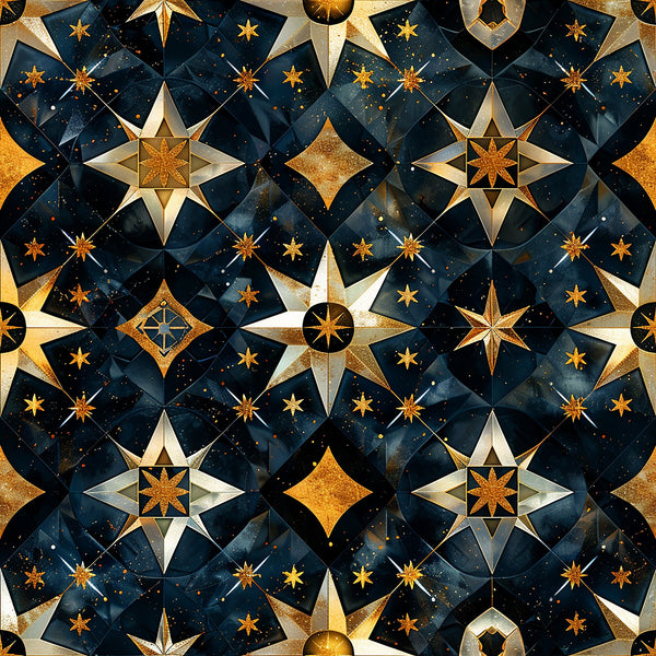 navy blue, golden yellow, celestial stars, compass roses, geometric patterns, baroque style, metallic accents, night sky, ornate design,, fabric panel, starbursts, diamonds, decorative motifs, cosmic theme, luxurious, intricate details, repeating pattern, astronomy inspired