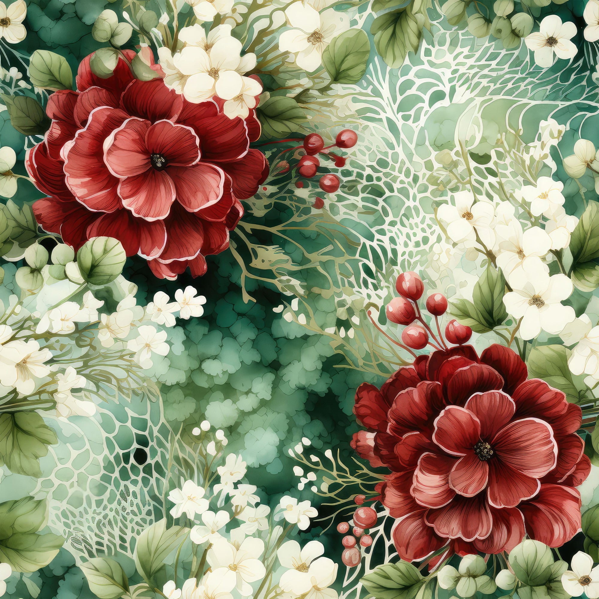 christmas florals, deep red flowers, burgundy blooms, white flowers, cream blossoms, emerald green, forest green, sage green, botanical pattern, floral design, layered petals, red berries, green leaves, foliage,, fabric panel, holiday theme, christmas pattern, winter florals, rich colors, detailed illustration, painterly style, elegant florals, seasonal fabric