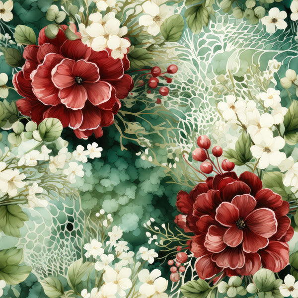 christmas florals, deep red flowers, burgundy blooms, white flowers, cream blossoms, emerald green, forest green, sage green, botanical pattern, floral design, layered petals, red berries, green leaves, foliage,, fabric panel, holiday theme, christmas pattern, winter florals, rich colors, detailed illustration, painterly style, elegant florals, seasonal fabric