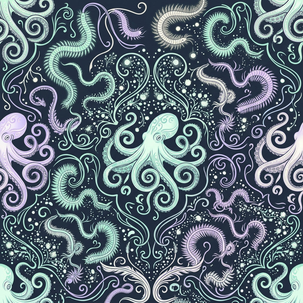 navy blue, mint green, lavender purple, dark teal, pale lilac, celestial, octopus, tentacles, sea creatures, nautical, whimsical, ornate, decorative, scrollwork, swirls, starry, cosmic, mystical, deep sea, ocean theme, fantasy, magical, baroque, ornamental, ethereal, bioluminescent, nursery, kids room, playroom, bedding