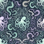 navy blue, mint green, lavender purple, dark teal, pale lilac, celestial, octopus, tentacles, sea creatures, nautical, whimsical, ornate, decorative, scrollwork, swirls, starry, cosmic, mystical, deep sea, ocean theme, fantasy, magical, baroque, ornamental, ethereal, bioluminescent, nursery, kids room, playroom, bedding