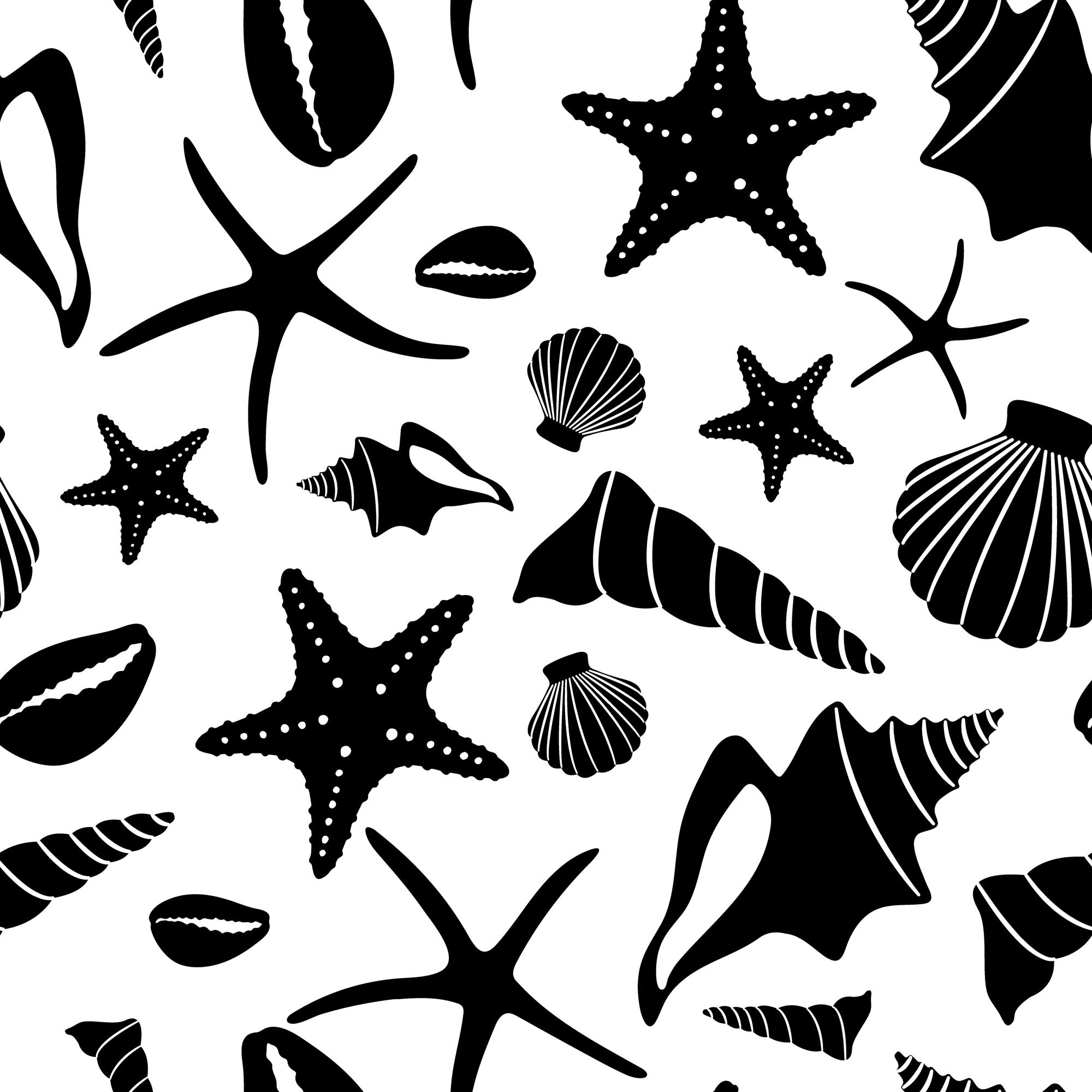black and white, sea shells, starfish, marine life, ocean theme, boho style, silhouettes, seamless pattern,, fabric panel, nautical motif, beach theme, coastal design, monochrome, shells and starfish, oceanic elements, repeating pattern, crafting fabric, sewing material