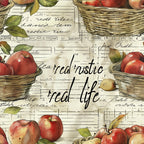 red apples, wicker baskets, vintage postcards, handwritten script, rustic style, farm fresh, harvest theme, botanical leaves,, fabric panel, aged paper, country kitchen, fruit motif, autumn colors, nostalgic artwork, cottage core, farmhouse style, watercolor illustration, natural textures