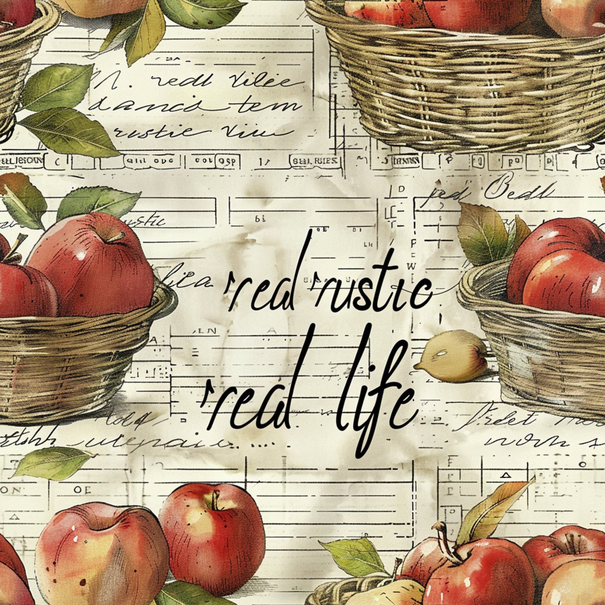 red apples, wicker baskets, vintage postcards, handwritten script, rustic style, farm fresh, harvest theme, botanical leaves,, fabric panel, aged paper, country kitchen, fruit motif, autumn colors, nostalgic artwork, cottage core, farmhouse style, watercolor illustration, natural textures