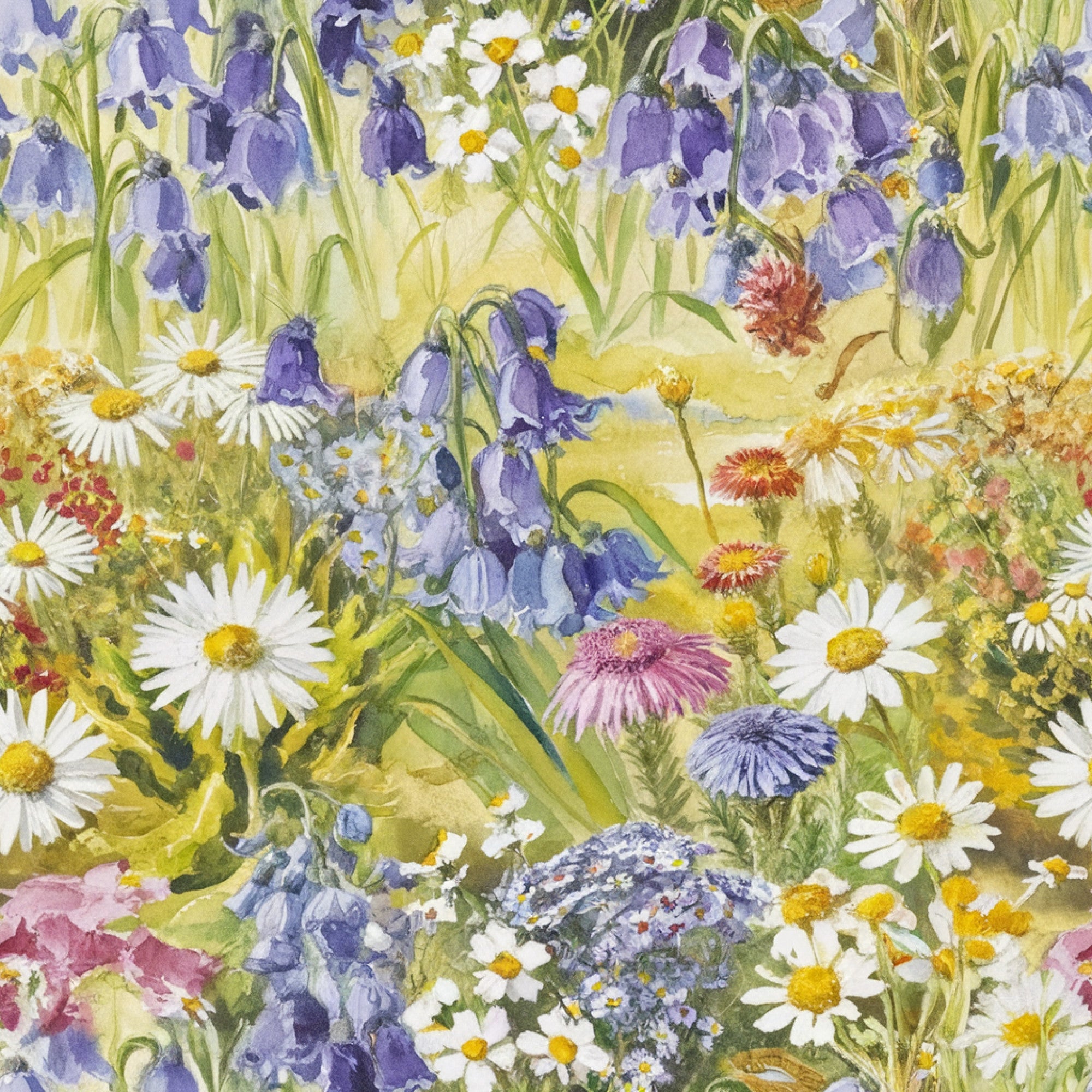 watercolor florals, wildflower meadow, purple bluebells, white daisies, pink asters, yellow centers, botanical illustration, spring blooms, field flowers, soft pastels, nature scene,, fabric panel, delicate petals, garden flowers, artistic rendering, floral fantasy, meadow grass, cottage core, whimsical blooms