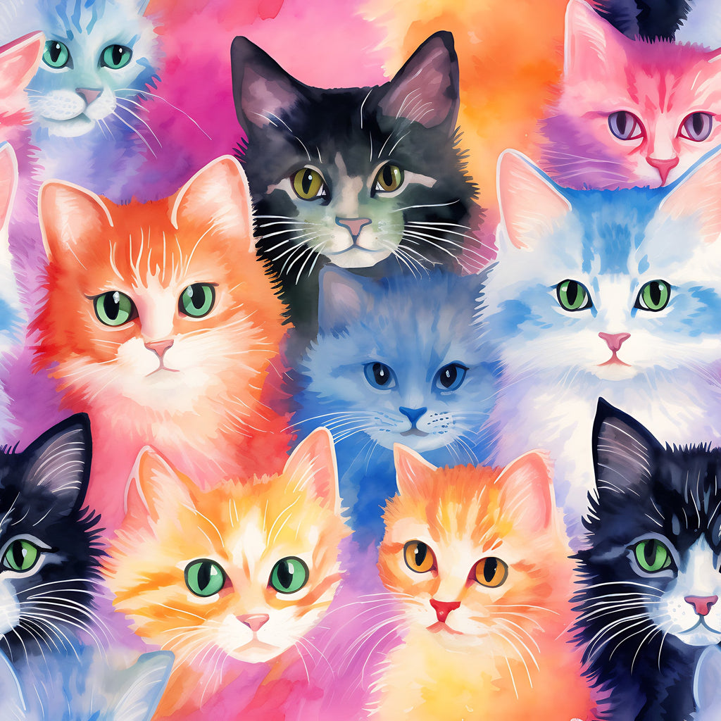 colorful kittens, vibrant cats, pink hues, blue tones, orange shades, purple accents, green eyes, watercolor style, artistic painting, cute animals, feline faces, soft pastels, bright colors,, fabric panel, whimsical art, pet themed, rainbow colors, kitten portraits, playful design