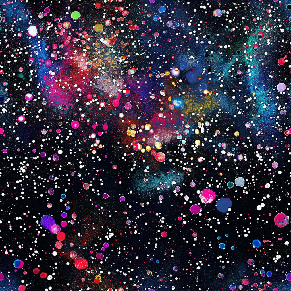 glitter paint splatter, cosmic nebula, galaxy pattern, bright pink, electric blue, magenta, turquoise, white dots, colorful circles, space theme, abstract art, modern design, vibrant colors, scattered droplets, celestial background,, fabric panel, artistic splashes, rainbow hues, contemporary style